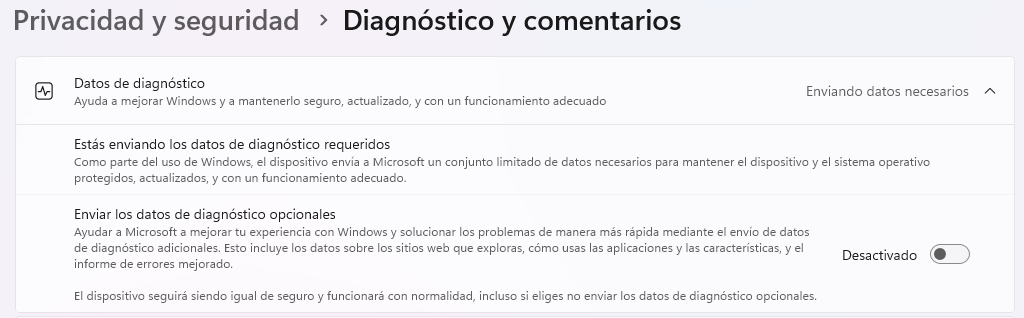 Configuración de Diagnóstico y comentarios de Windows 11 con los datos opcionales desactivados